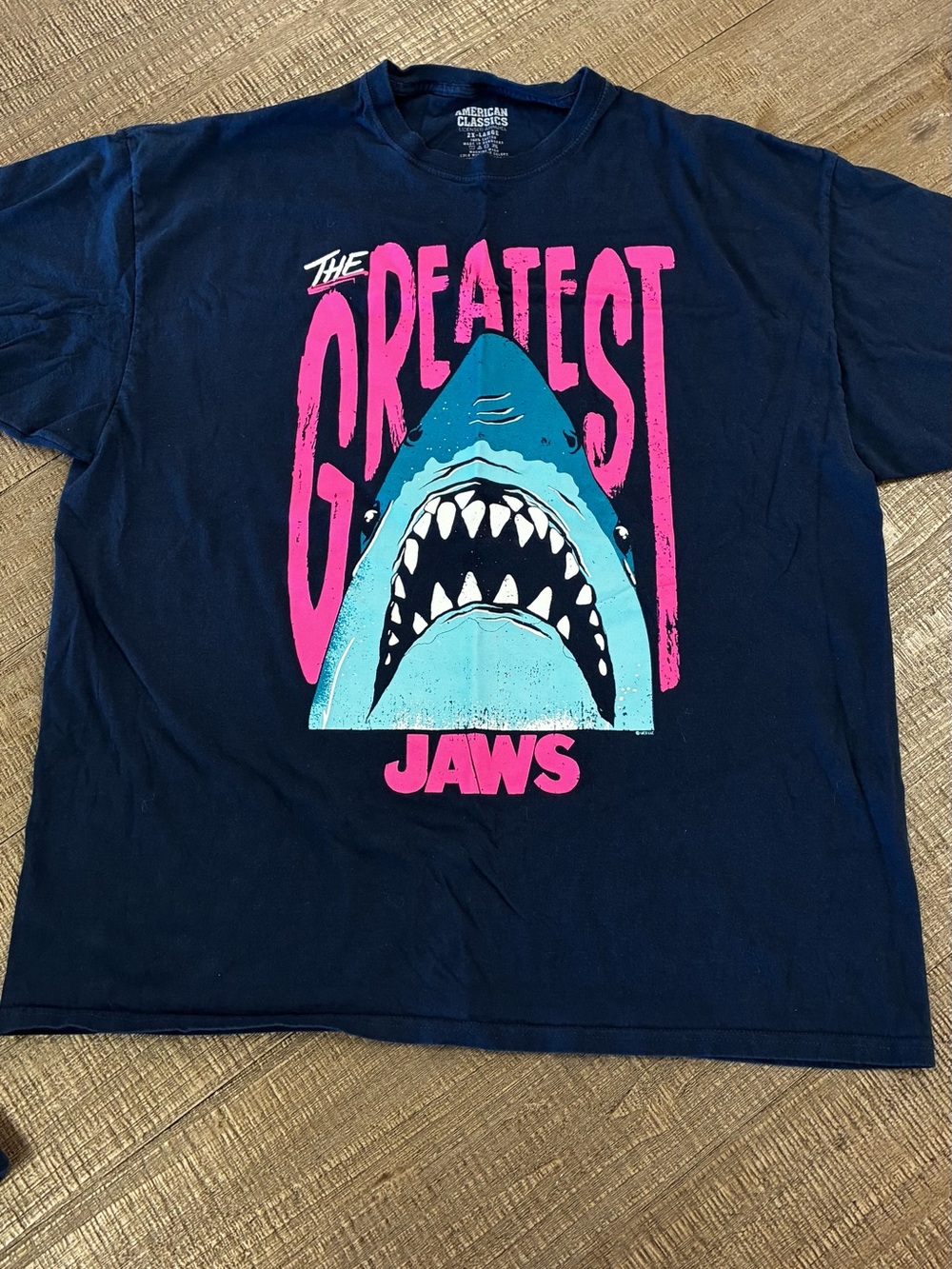 Iconic Jaws 'The Greatest' Graphic Tee - Navy with Pink & Teal size 2XL